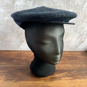 Vintage Wool Snap-front flat cap herringbone blue black by Superfine sz. 57 BX26